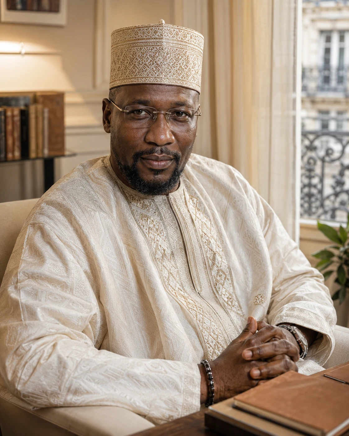 Portrait de Kadialyba, marabout en France, dans un bureau sobre