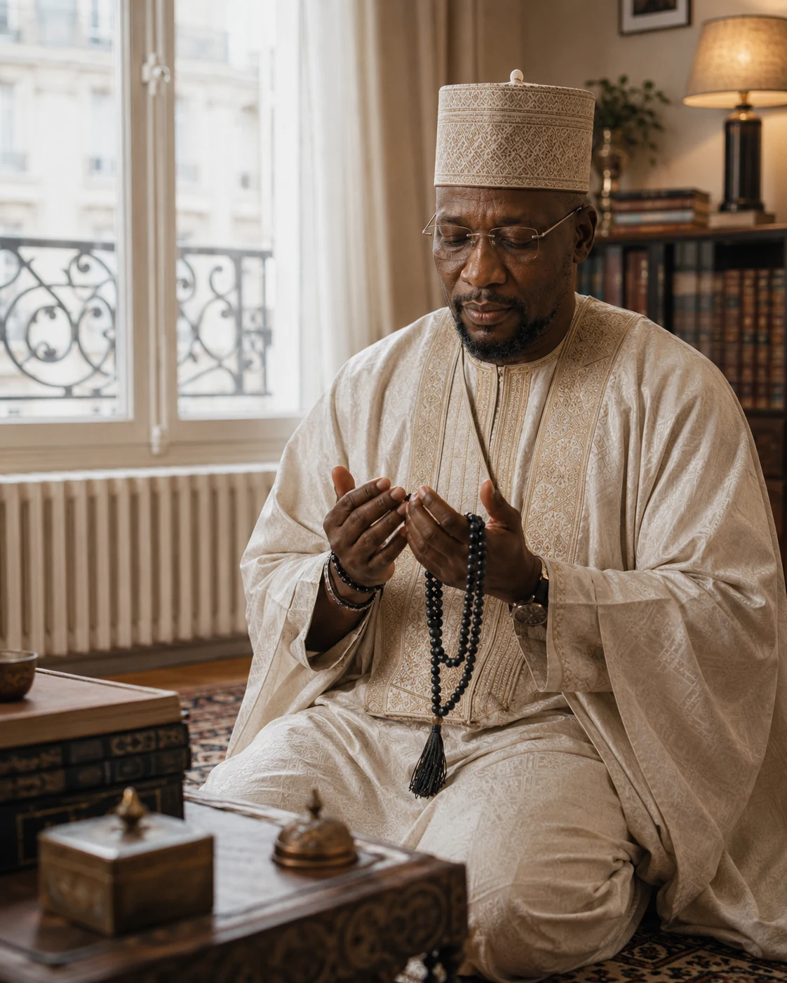 Kadialyba en prière dans un intérieur parisien pour la protection spirituelle en France