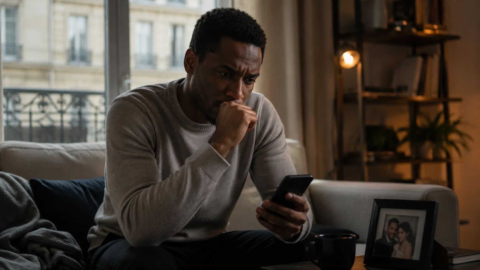 Homme inquiet en France évoquant un mauvais sort et un besoin de protection spirituelle